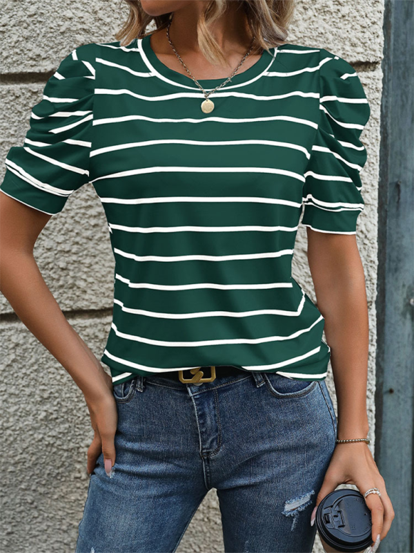 Summer Tops- Women's Striped Puff Sleeve Top for Gatherings- - IndioGear.com