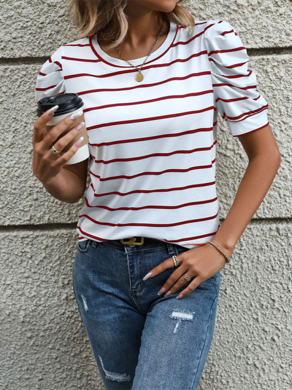 Summer Tops- Women's Striped Puff Sleeve Top for Gatherings- - IndioGear.com