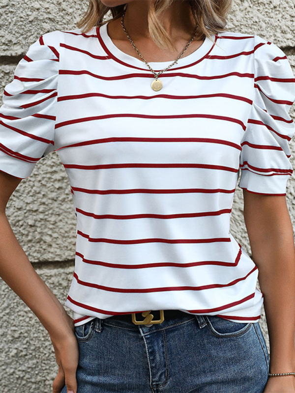 Summer Tops- Women's Striped Puff Sleeve Top for Gatherings- - IndioGear.com