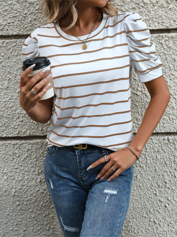 Summer Tops- Women's Striped Puff Sleeve Top for Gatherings- Brown- IndioGear.com