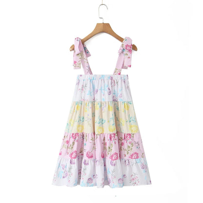 Robe d'été caraco à plusieurs niveaux avec imprimé floral et épaules nouées