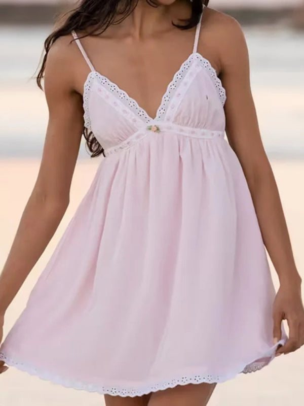 Sundresses- Summer Women's Cotton A-Line Sundress with Empire Waist & Lace Trim- Pink- IndioGear Fashion and Gear