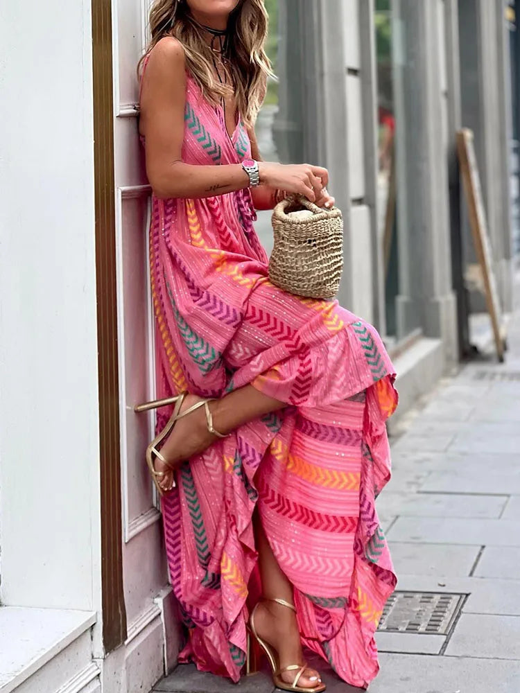 Sundresses- Women Boho Chevron Maxi Dress- - IndioGear.com