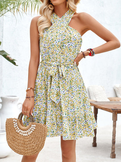 Sundresses- Women's Belted Floral Knot-Back Halter Sundress- Yellow- IndioGear.com