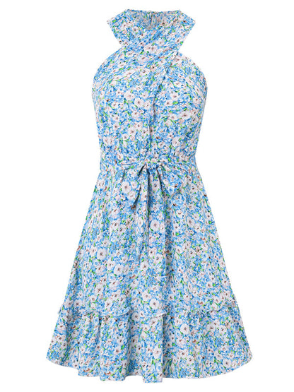 Sundresses- Women's Belted Floral Knot-Back Halter Sundress- - IndioGear.com