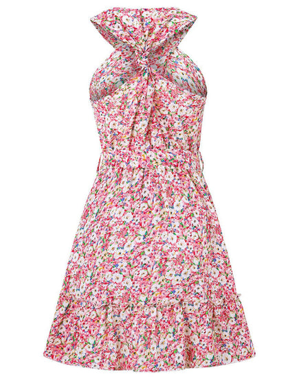 Sundresses- Women's Belted Floral Knot-Back Halter Sundress- - IndioGear.com