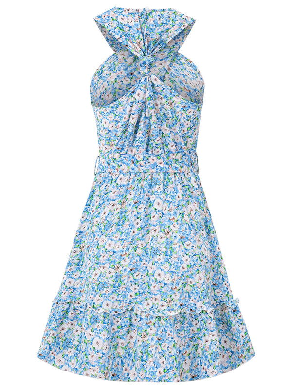 Sundresses- Women's Belted Floral Knot-Back Halter Sundress- - IndioGear.com