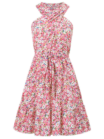 Sundresses- Women's Belted Floral Knot-Back Halter Sundress- - IndioGear.com