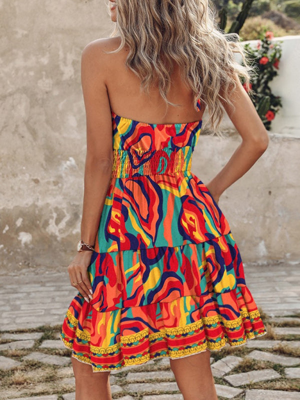 Sundresses- Women's Vibrant Colorful Blouson Halter Sundress- - IndioGear Fashion and Gear