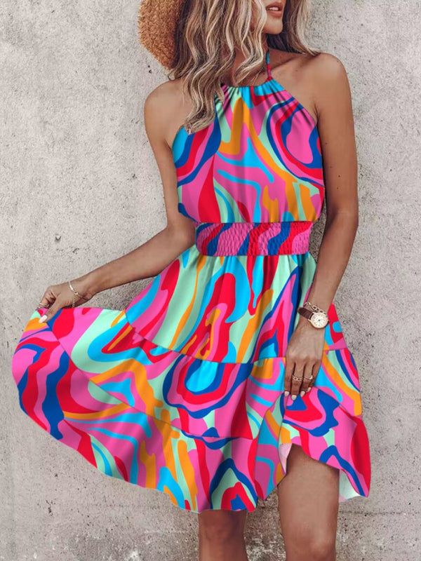 Sundresses- Women's Vibrant Colorful Blouson Halter Sundress- Hot pink- IndioGear Fashion and Gear