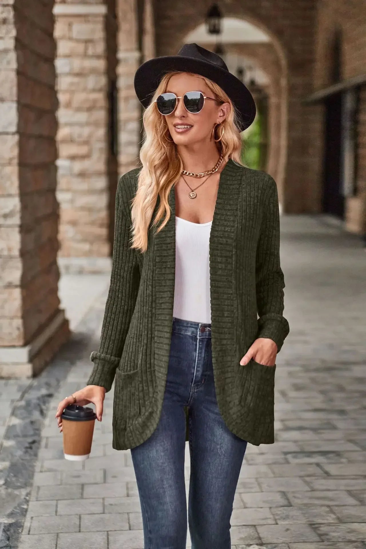 Sweater Cardigans- Cozy Textured Ribbed Shawl Collar Cardigan for Women- Army green- IndioGear.com