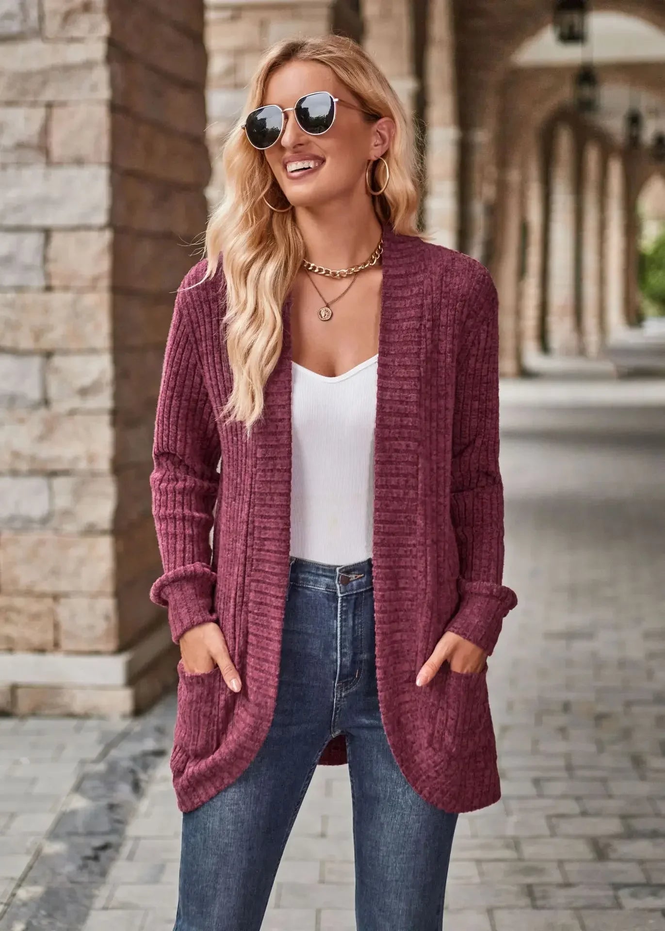 Sweater Cardigans- Cozy Textured Ribbed Shawl Collar Cardigan for Women- - IndioGear.com