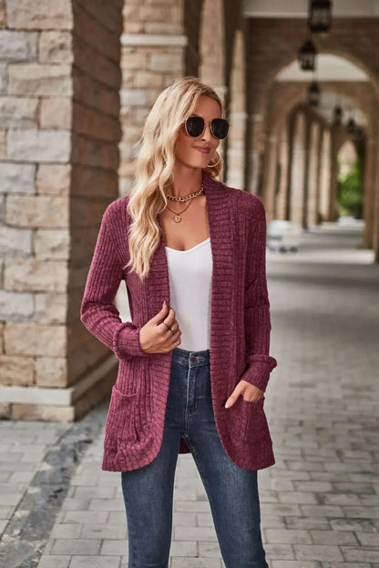 Sweater Cardigans- Cozy Textured Ribbed Shawl Collar Cardigan for Women- - IndioGear.com