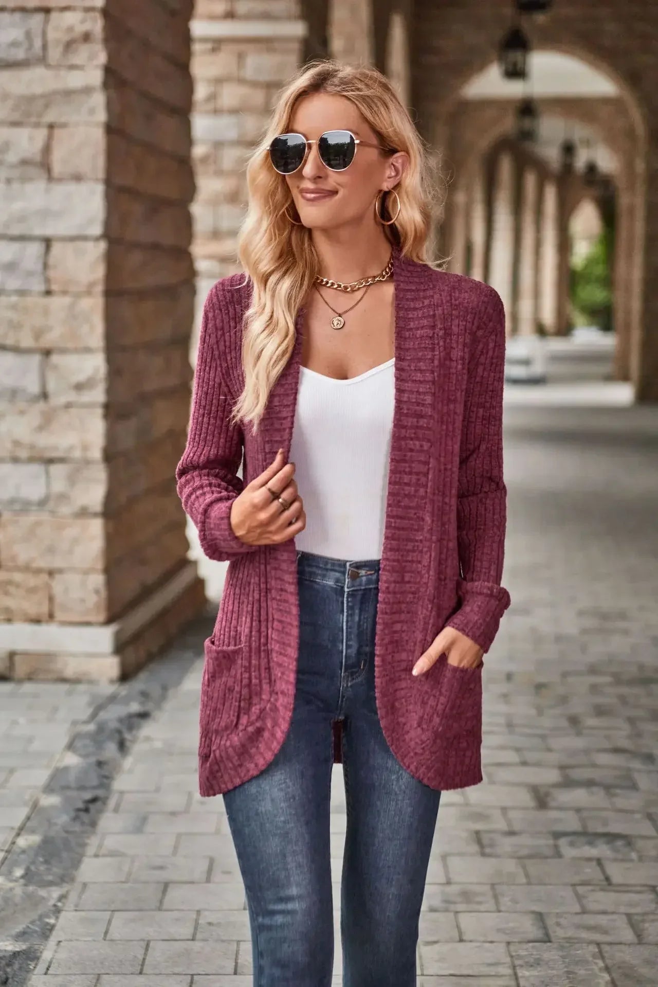 Sweater Cardigans- Cozy Textured Ribbed Shawl Collar Cardigan for Women- - IndioGear.com