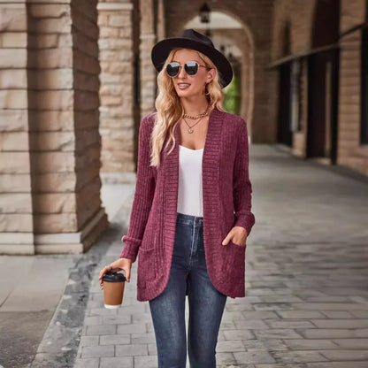 Sweater Cardigans- Cozy Textured Ribbed Shawl Collar Cardigan for Women- Burgundy- IndioGear.com