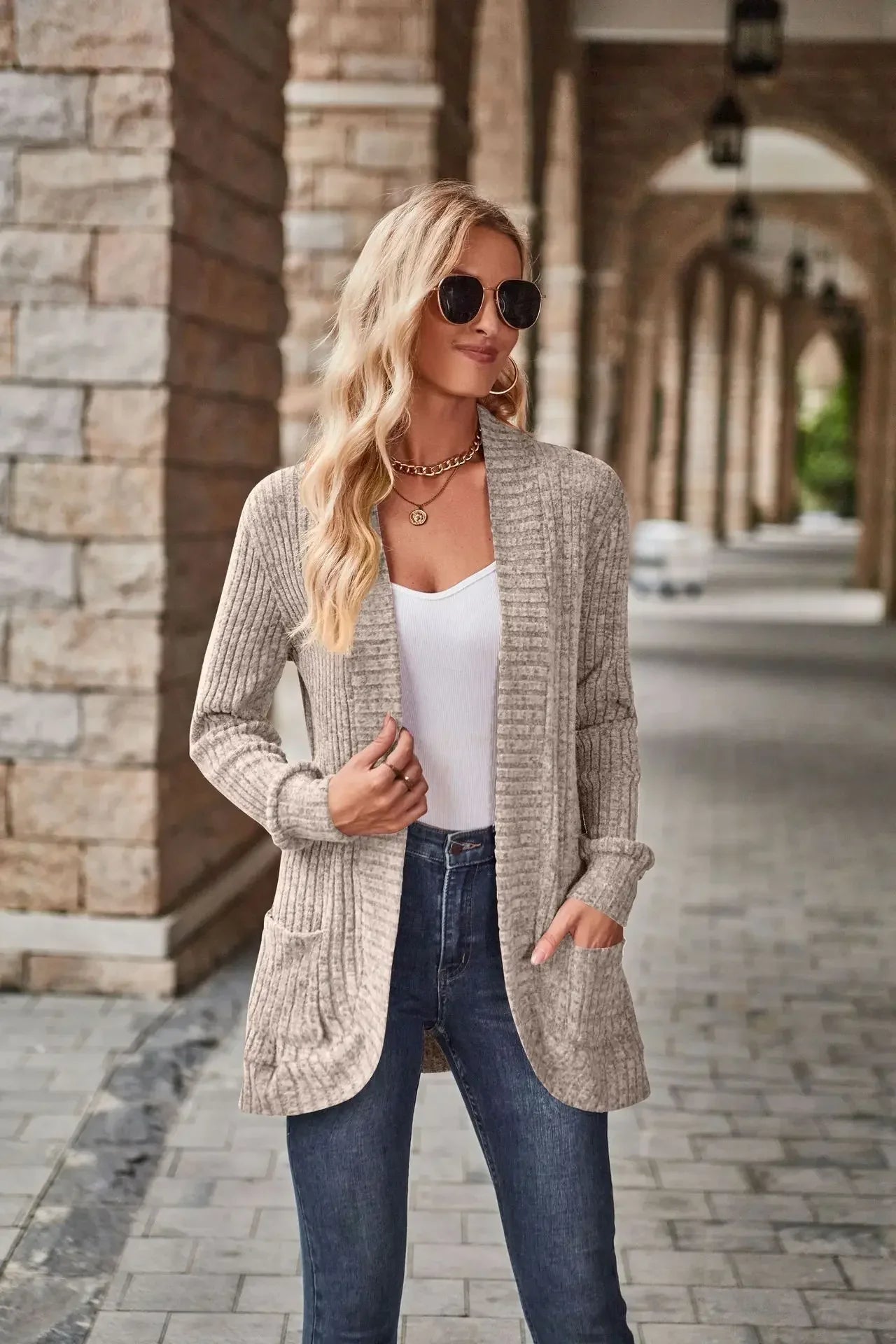 Sweater Cardigans- Cozy Textured Ribbed Shawl Collar Cardigan for Women- - IndioGear.com