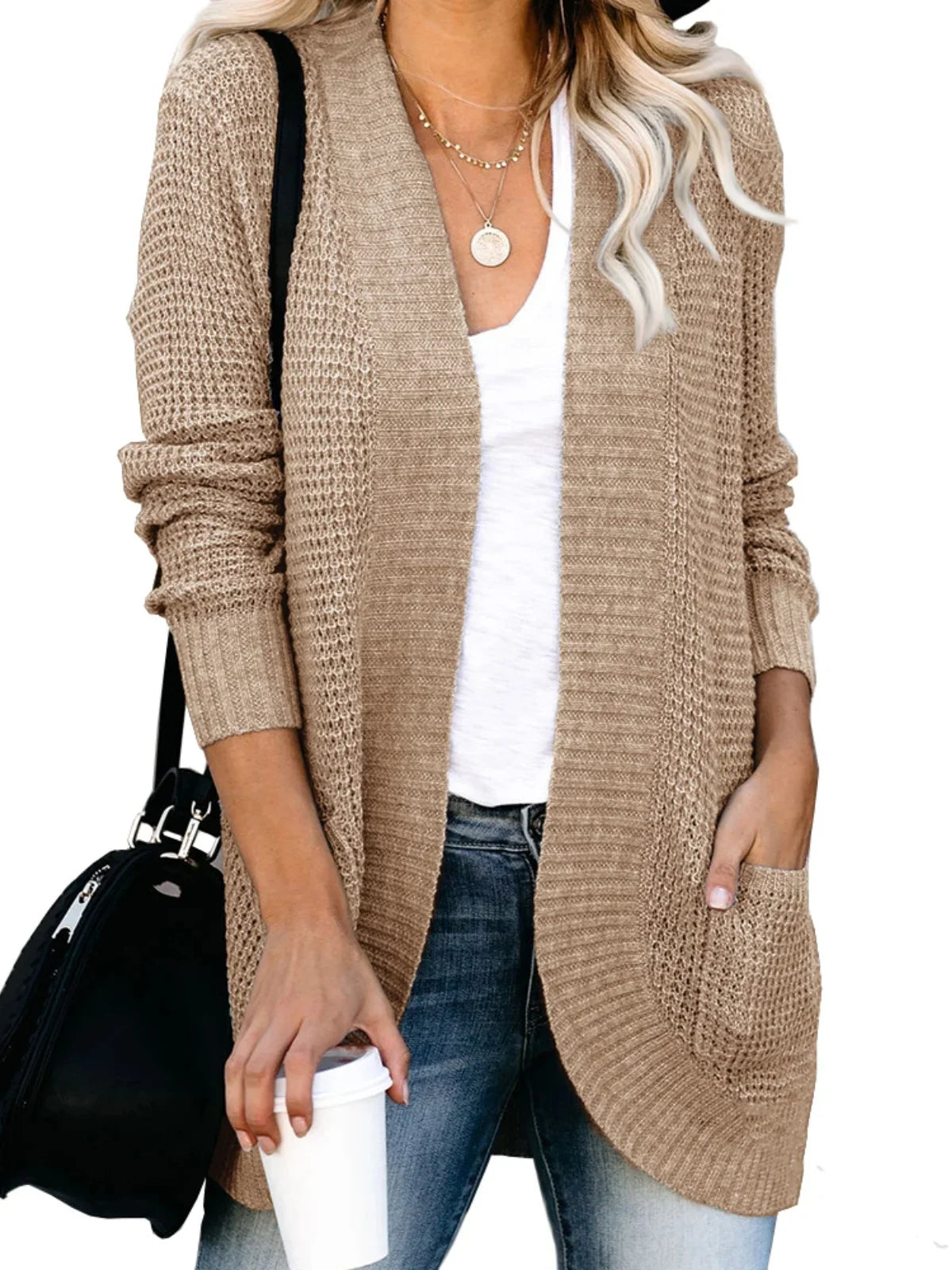 Sweater Cardigans- Cozy Waffle Knit Shawl Collar Cardigan for Women- - IndioGear.com