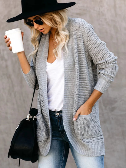 Sweater Cardigans- Cozy Waffle Knit Shawl Collar Cardigan for Women- Gray- IndioGear.com