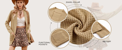 Sweater Cardigans- Cozy Waffle Knit Shawl Collar Cardigan for Women- - IndioGear.com