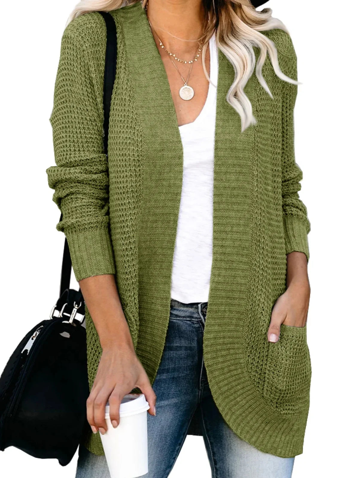 Sweater Cardigans- Cozy Waffle Knit Shawl Collar Cardigan for Women- - IndioGear.com