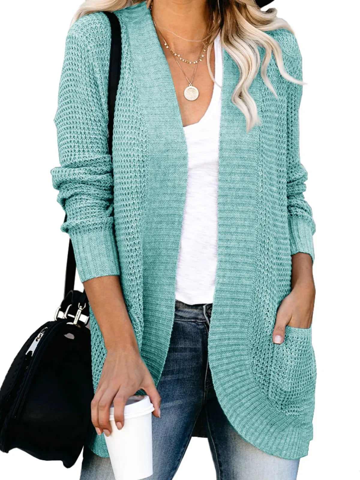 Sweater Cardigans- Cozy Waffle Knit Shawl Collar Cardigan for Women- - IndioGear.com