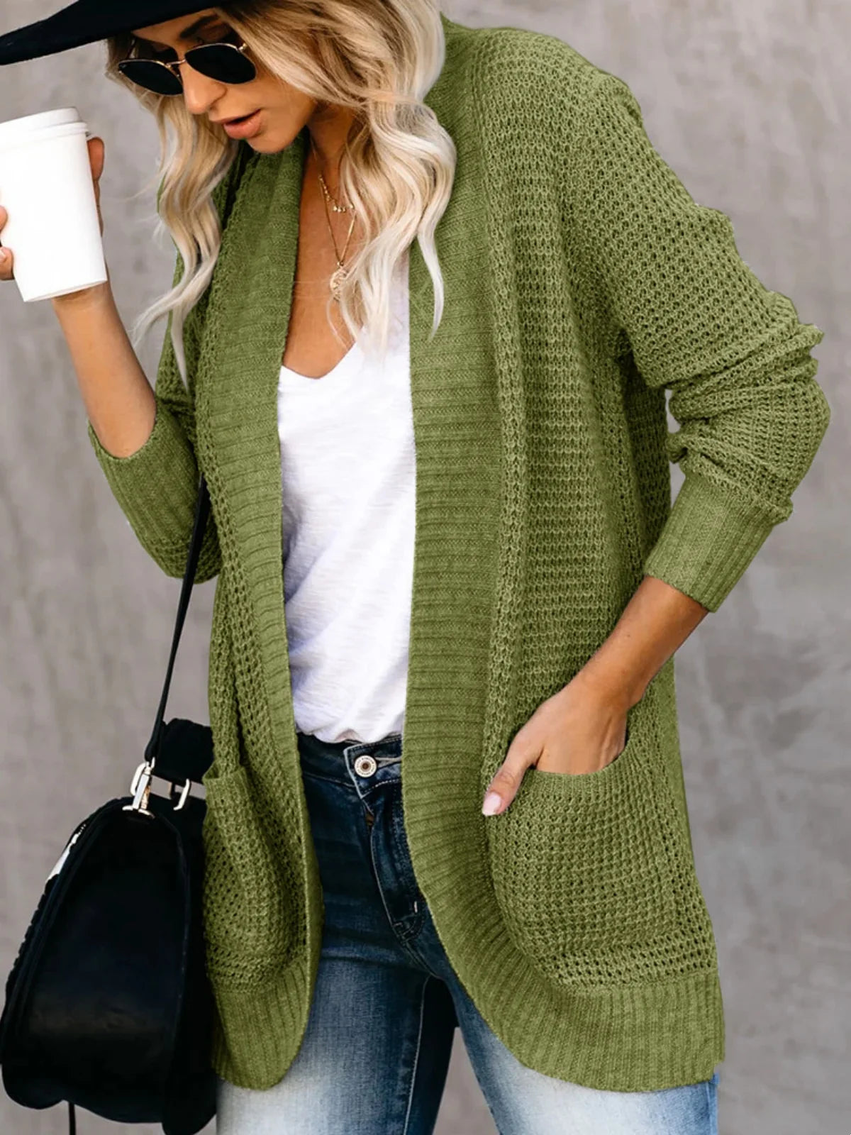 Sweater Cardigans- Cozy Waffle Knit Shawl Collar Cardigan for Women- Green- IndioGear.com