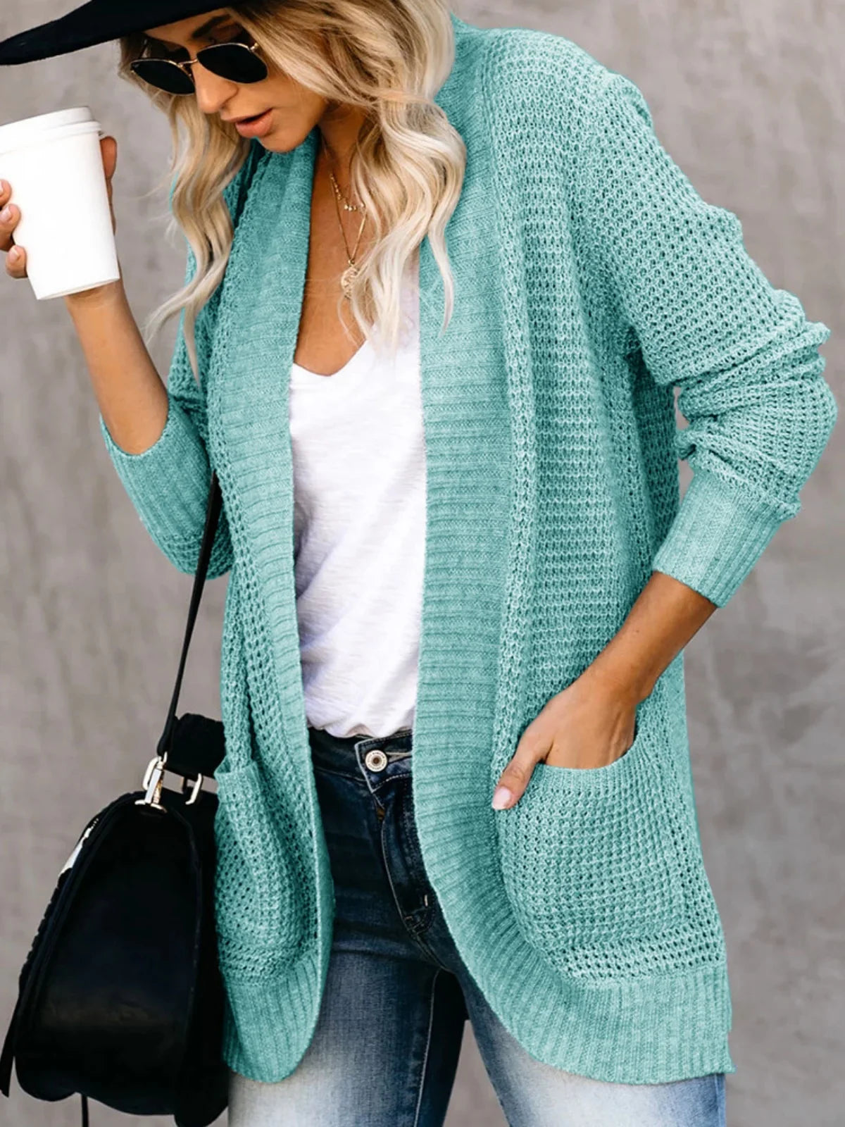 Sweater Cardigans- Cozy Waffle Knit Shawl Collar Cardigan for Women- Mint- IndioGear.com