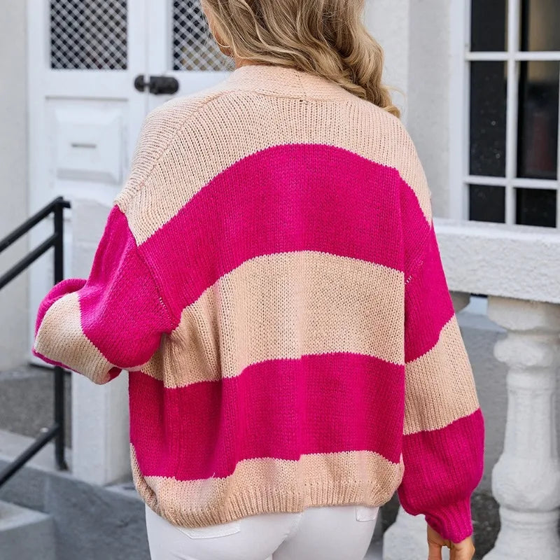 Sweater Cardigans- Pop of Personality Women Striped Cropped Cardigan Sweater- - IndioGear.com