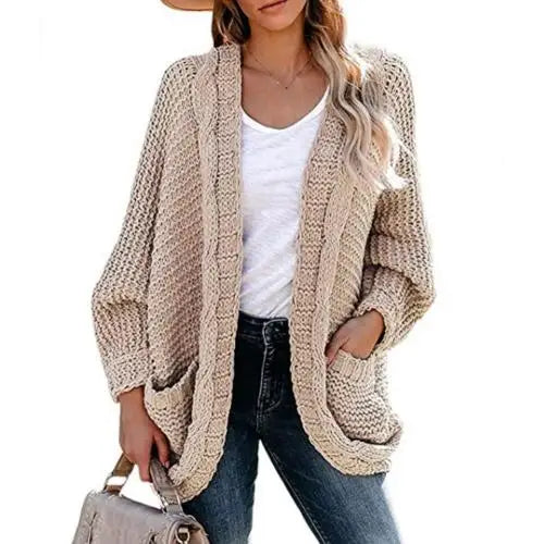 Sweater Cardigans- Slouchy Knit Open Front Cardigan for Women- Khaki- IndioGear.com