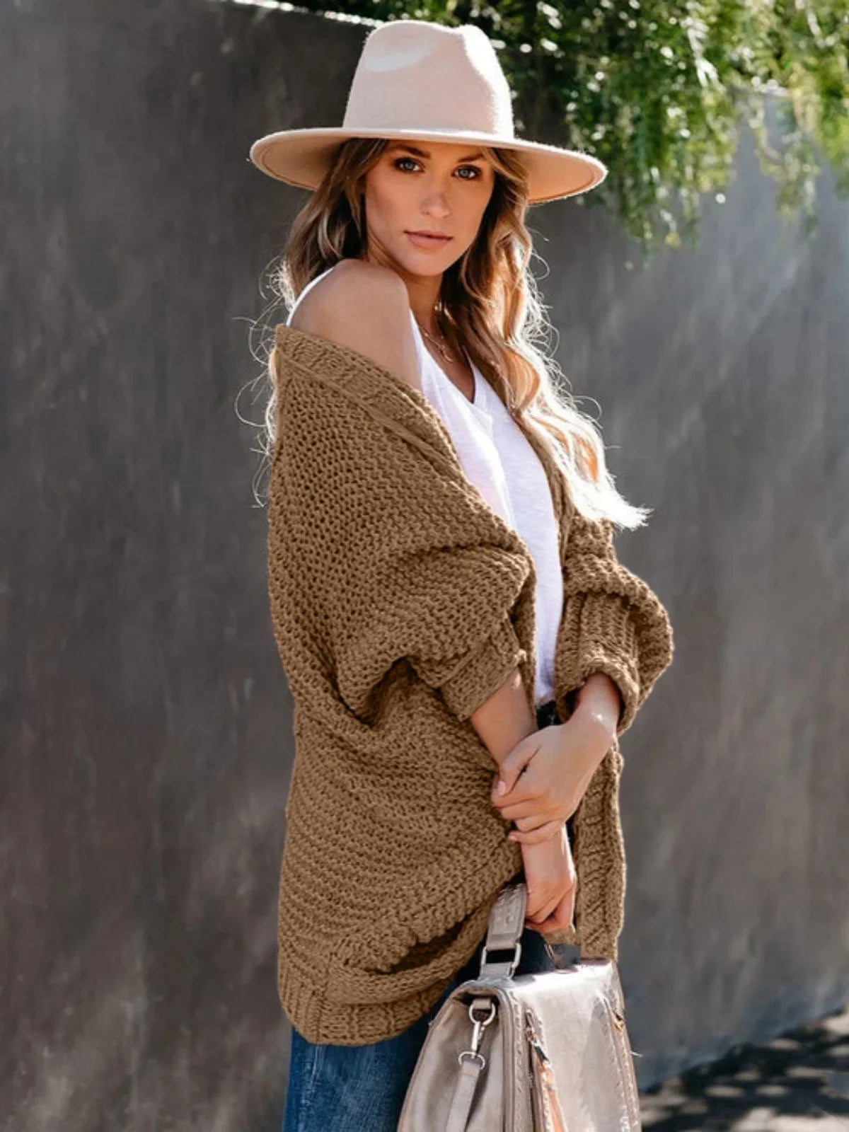 Sweater Cardigans- Women's Slouchy Cable Knitting Cardigan Sweater- - IndioGear.com