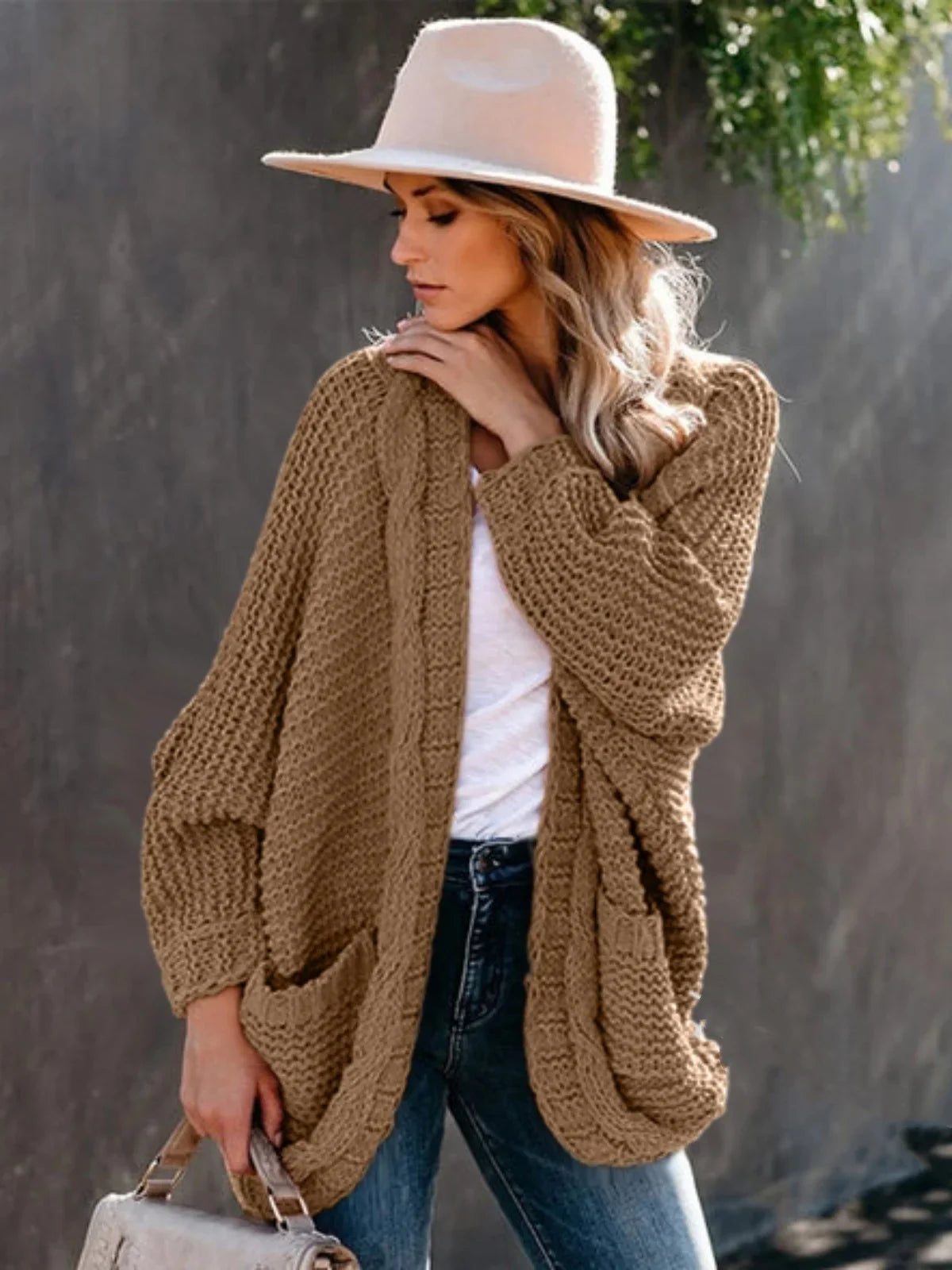 Sweater Cardigans- Women's Slouchy Cable Knitting Cardigan Sweater- Khaki- IndioGear.com