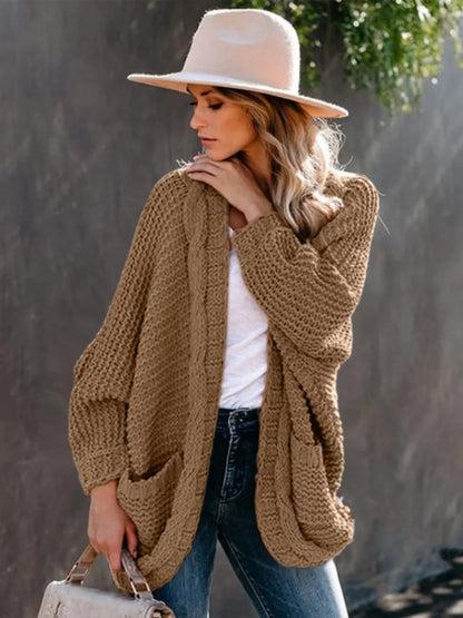 Sweater Cardigans- Women's Slouchy Cable Knitting Cardigan Sweater- Khaki- IndioGear.com