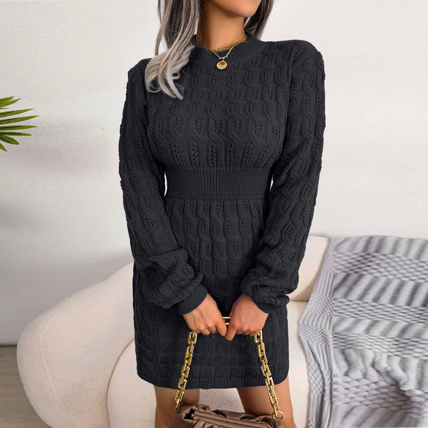 Sweater Dresses- Cable Knit Winter Sweater Dress- - IndioGear.com