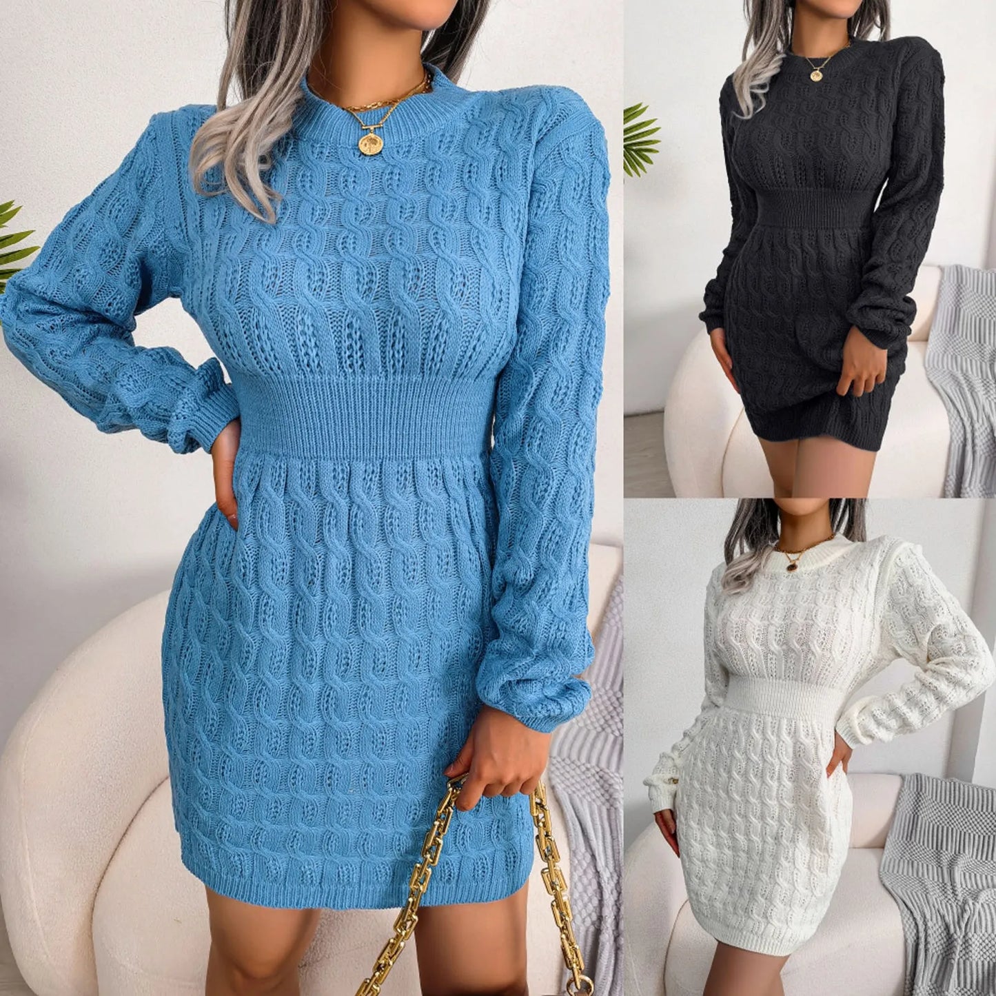 Sweater Dresses- Cable Knit Winter Sweater Dress- - IndioGear.com