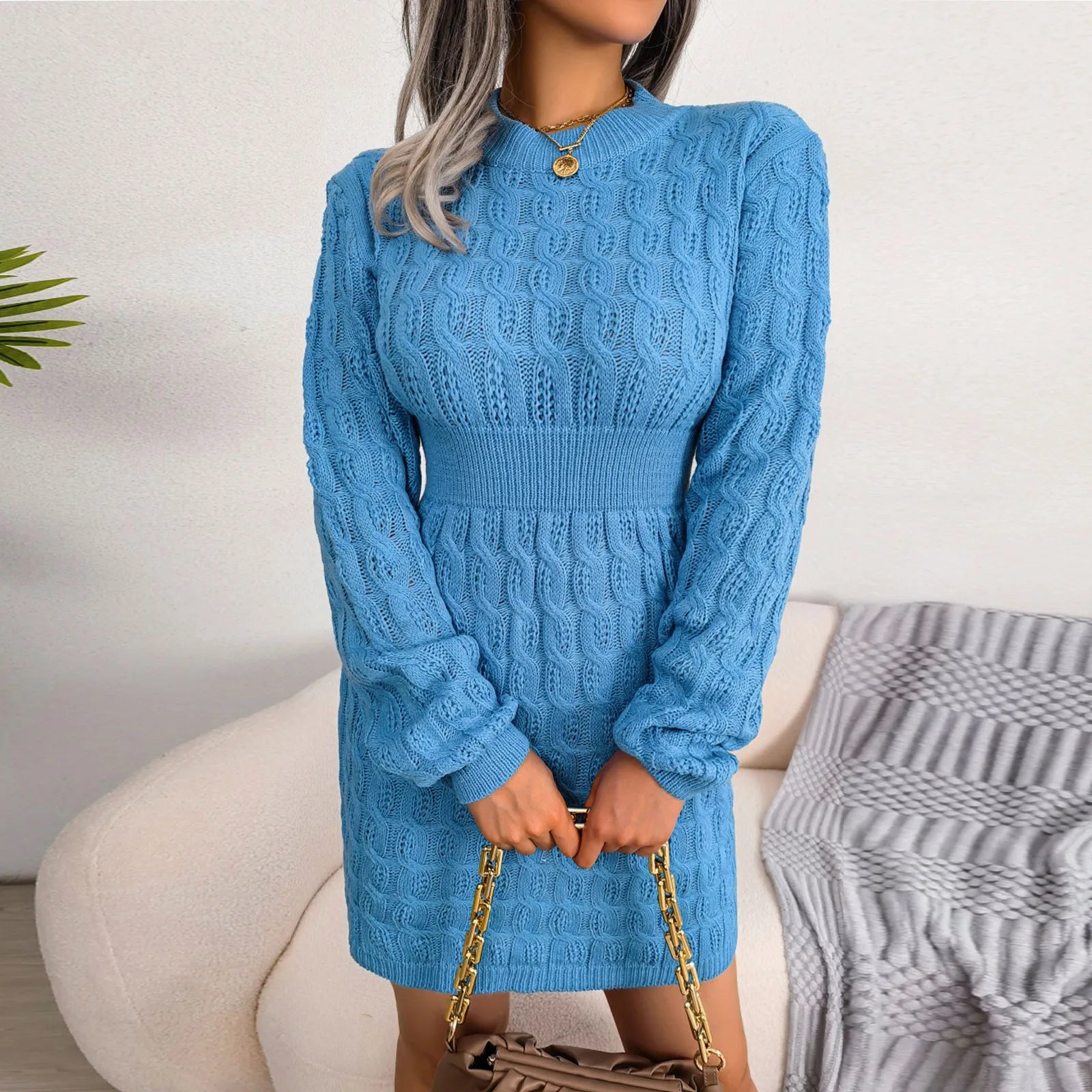 Sweater Dresses- Cable Knit Winter Sweater Dress- - IndioGear.com