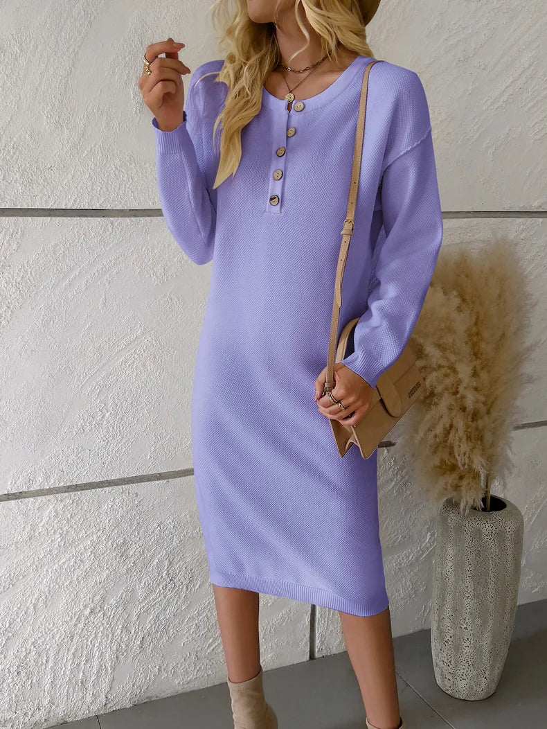 Sweater Dresses- Classic Comfy Button-Detailed Knit Midi Sweater Dress- Purple- IndioGear.com