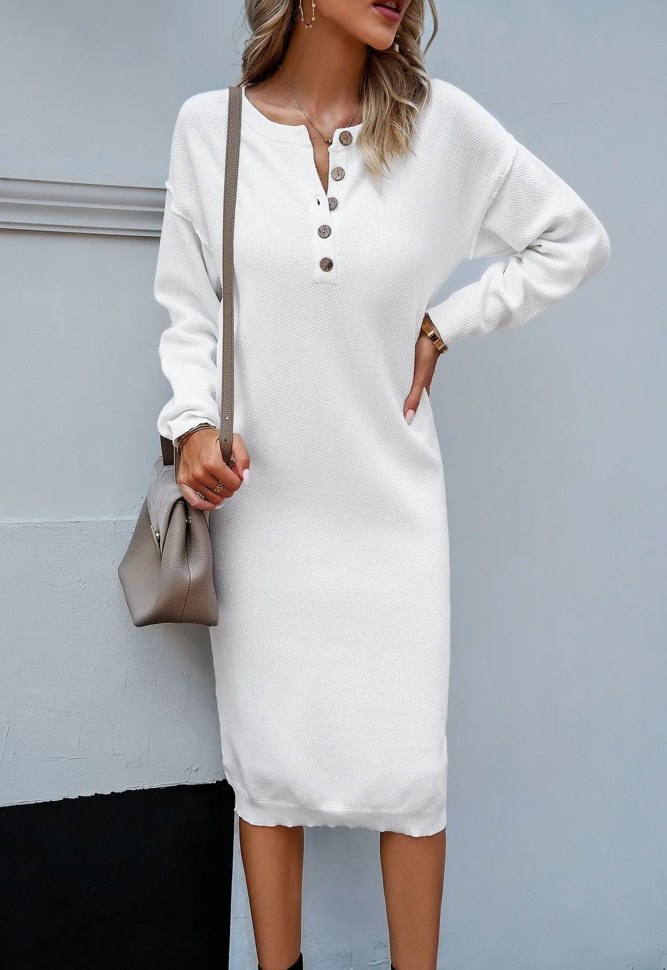 Sweater Dresses- Classic Comfy Button-Detailed Knit Midi Sweater Dress- White- IndioGear.com