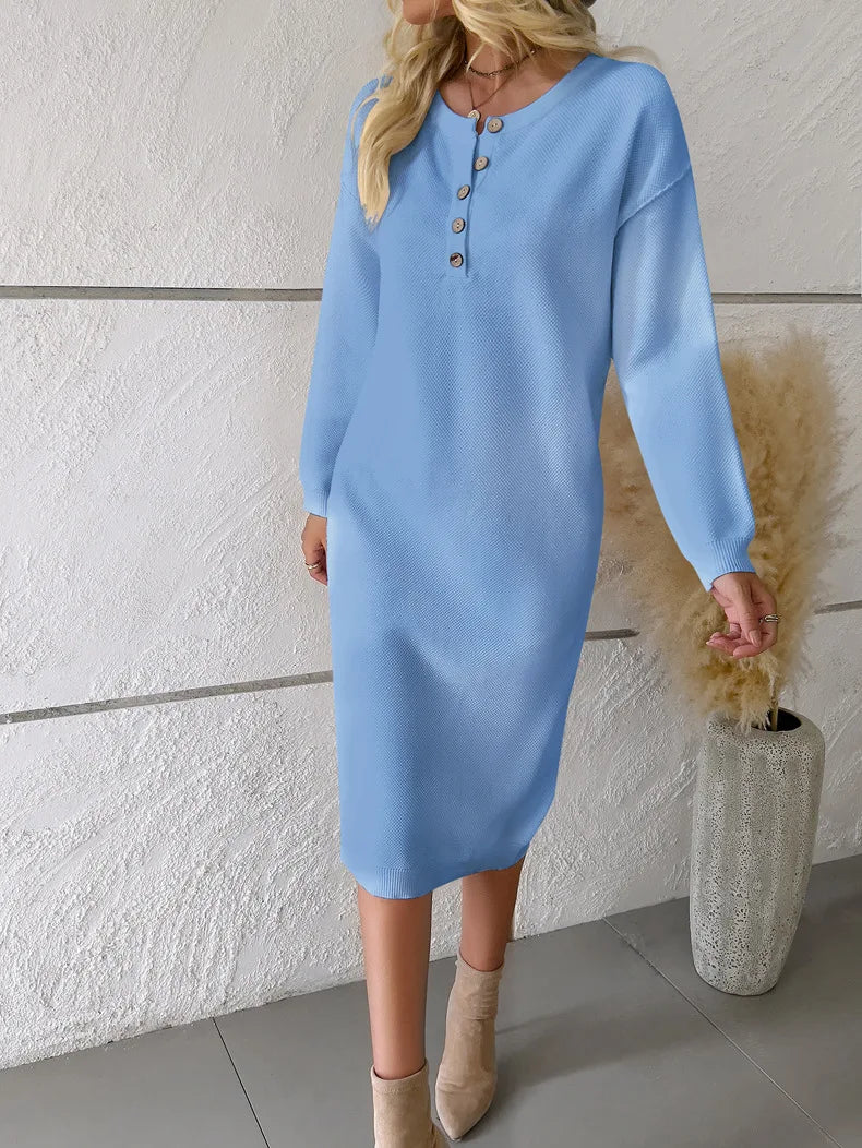 Sweater Dresses- Classic Comfy Button-Detailed Knit Midi Sweater Dress- Blue- IndioGear.com