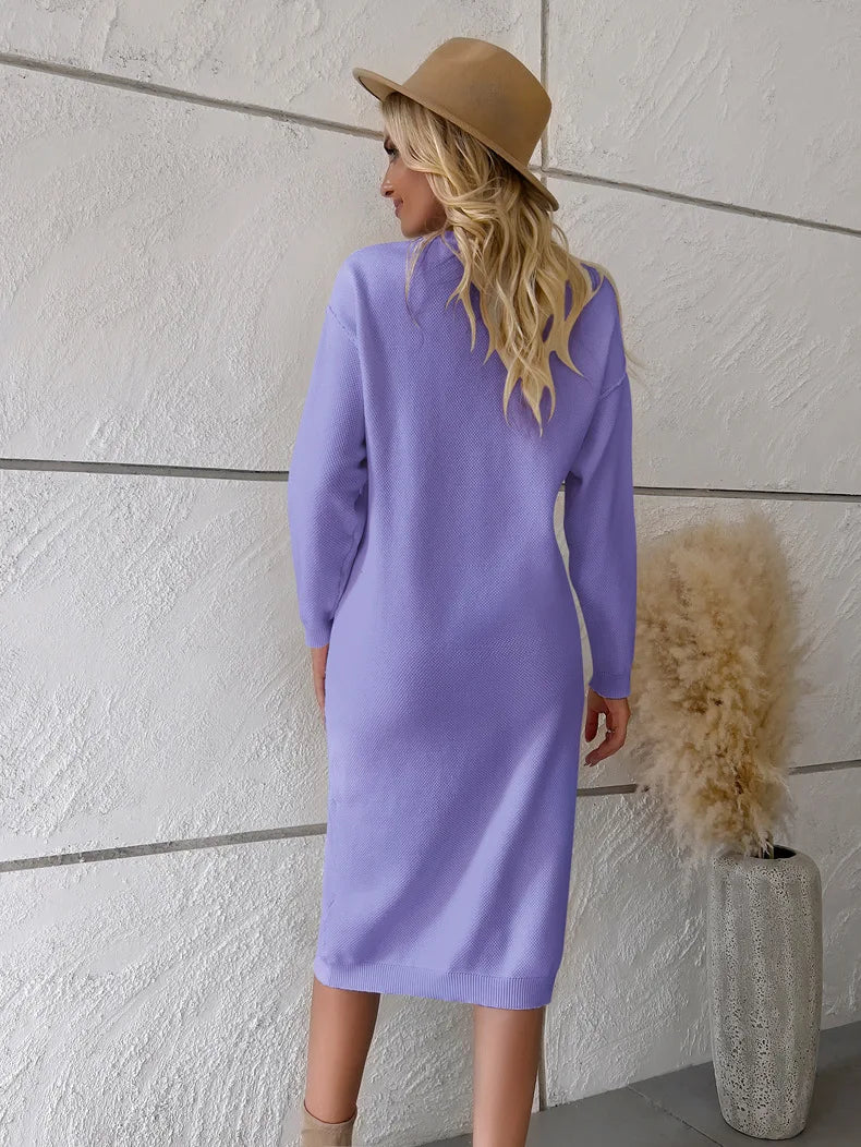 Sweater Dresses- Classic Comfy Button-Detailed Knit Midi Sweater Dress- - IndioGear.com