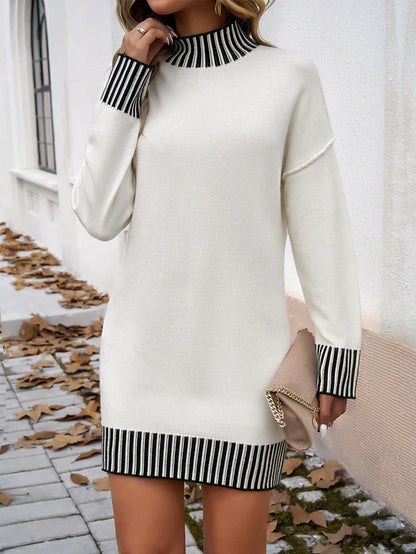 Sweater Dresses- Cozy Mock Neck Stripe-Detailed Sweater Dress- White- IndioGear.com