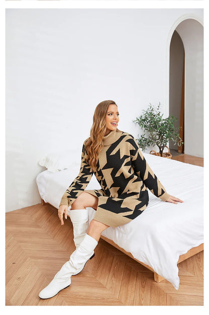 Sweater Dresses- Houndstooth Turtleneck Midi Longline Sweater Dress- - IndioGear.com