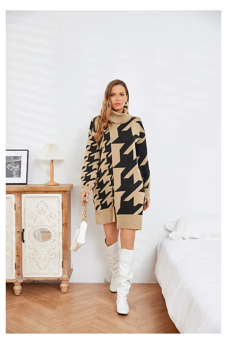 Sweater Dresses- Houndstooth Turtleneck Midi Longline Sweater Dress- - IndioGear.com