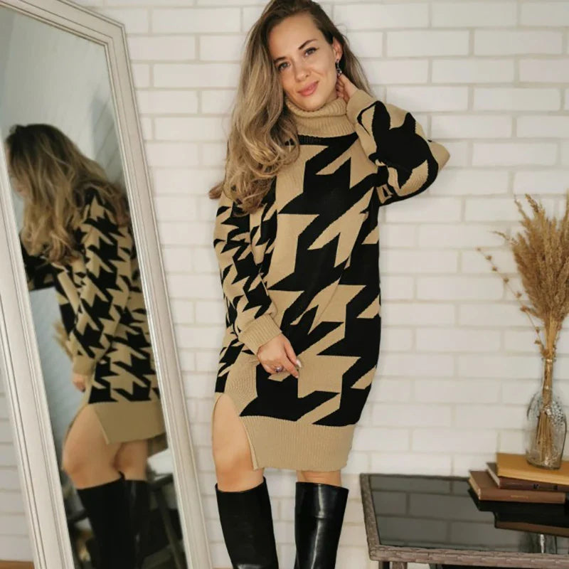 Sweater Dresses- Houndstooth Turtleneck Midi Longline Sweater Dress- - IndioGear.com