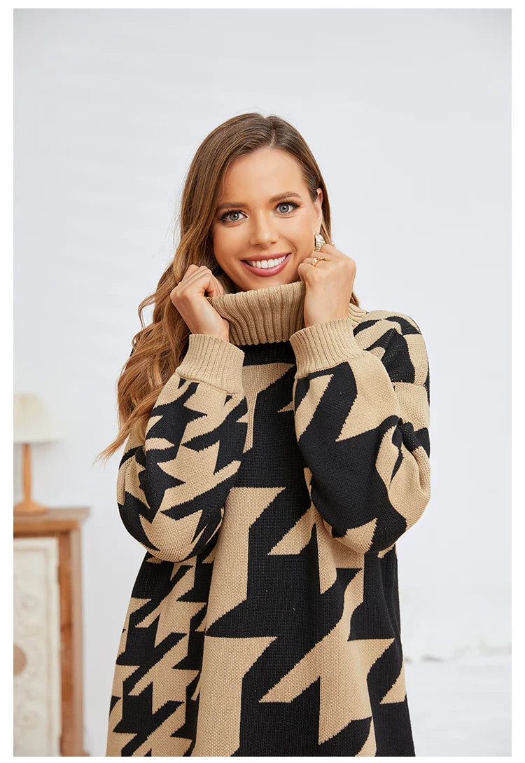 Sweater Dresses- Houndstooth Turtleneck Midi Longline Sweater Dress- - IndioGear.com