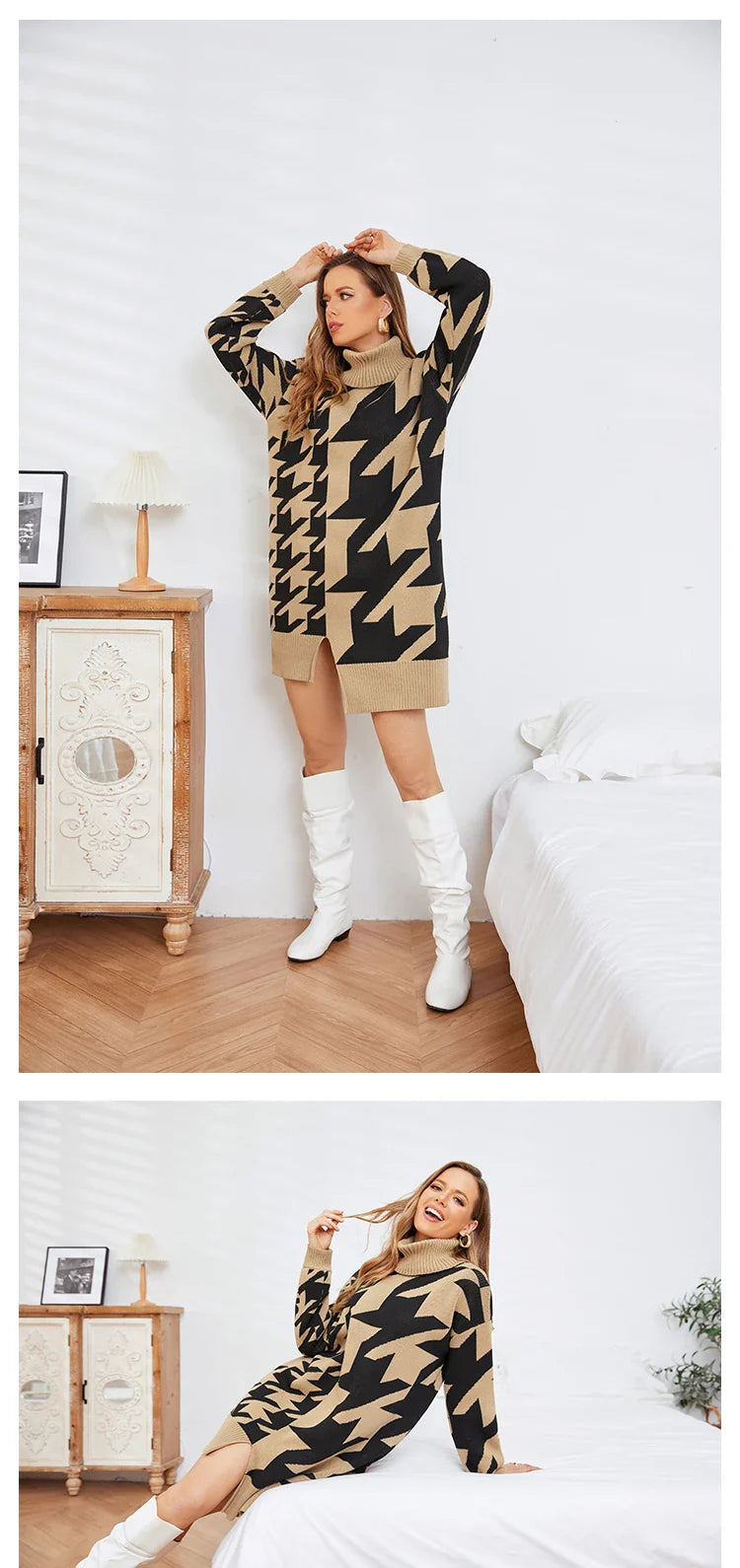 Sweater Dresses- Houndstooth Turtleneck Midi Longline Sweater Dress- - IndioGear.com