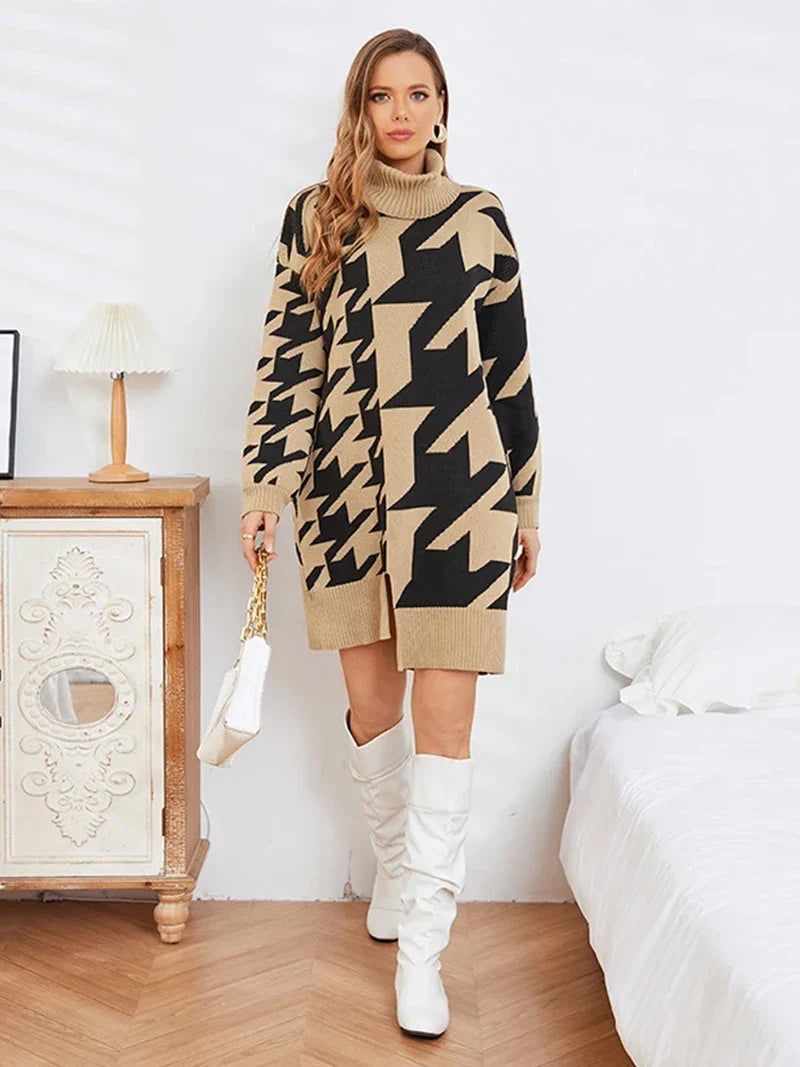 Sweater Dresses- Houndstooth Turtleneck Midi Longline Sweater Dress- - IndioGear.com