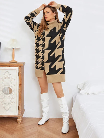 Sweater Dresses- Houndstooth Turtleneck Midi Longline Sweater Dress- - IndioGear.com