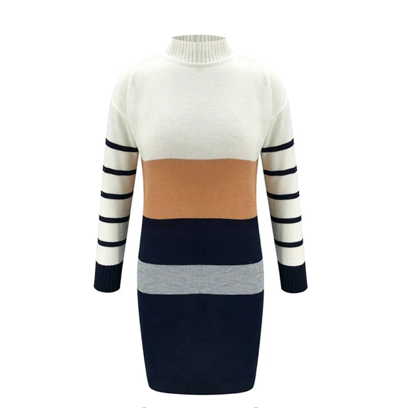 Sweater Dresses- Striped Knit Dress Color-Block Turtleneck Knitwear- - IndioGear.com