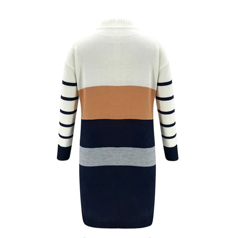 Sweater Dresses- Striped Knit Dress Color-Block Turtleneck Knitwear- - IndioGear.com