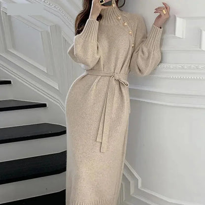 Sweater Dresses- Turtleneck Belted Midi Sweater Dress for Winter- - IndioGear.com